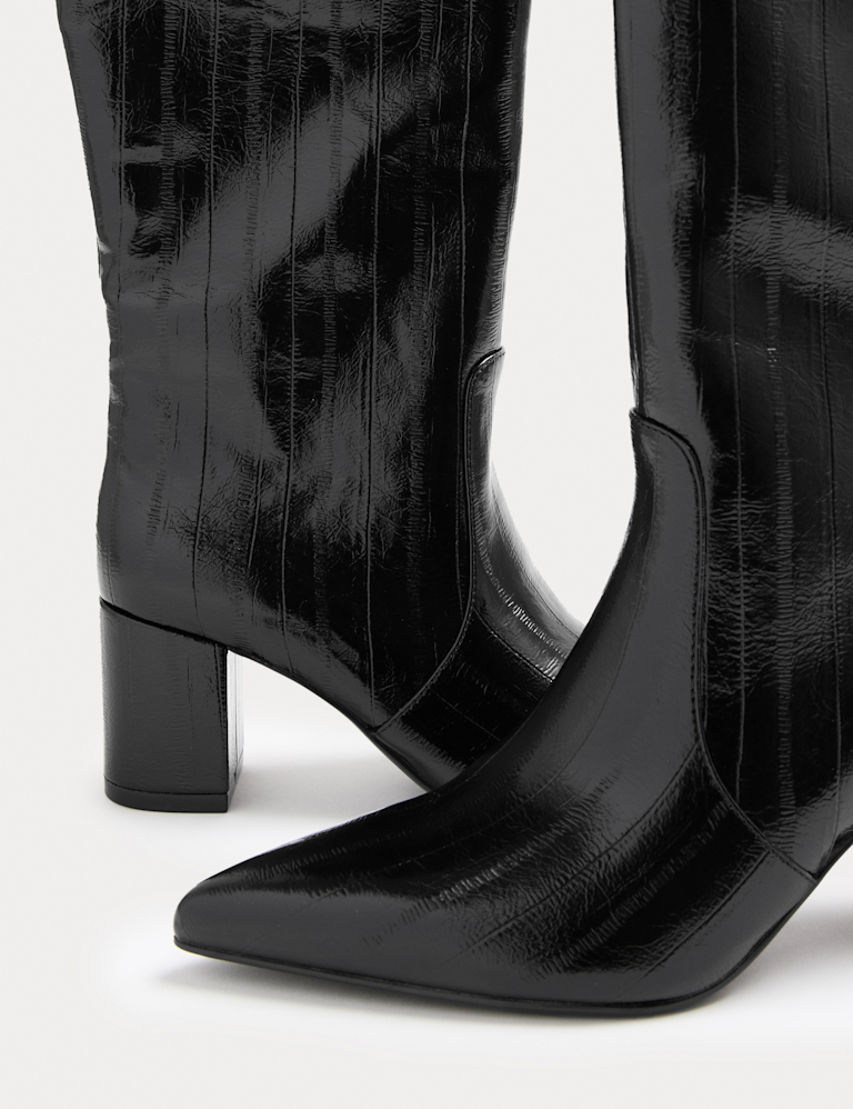 Eel Print Block Heel Knee High Boots