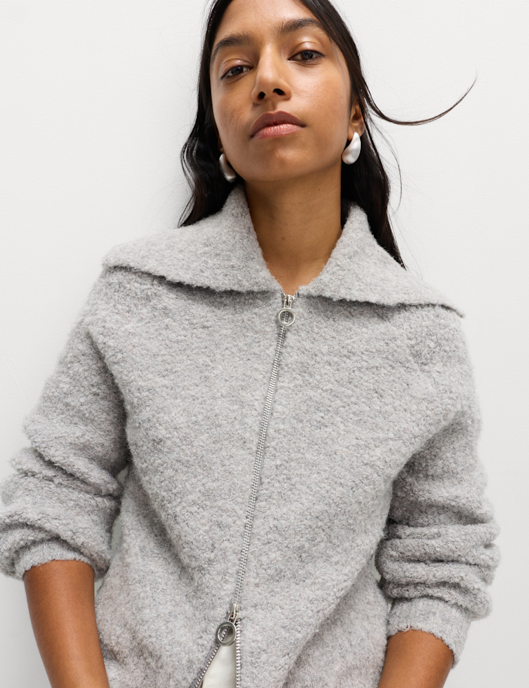 Bouclé Zip Up Collared Knitted Jacket with Wool