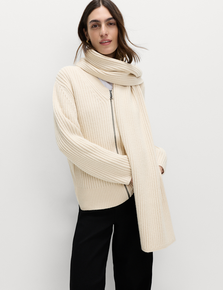 Ribbed Scarf Neck Zip Cardigan