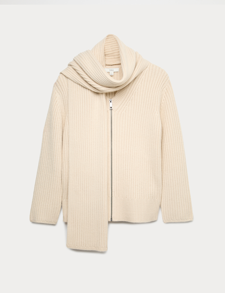 Ribbed Scarf Neck Zip Cardigan