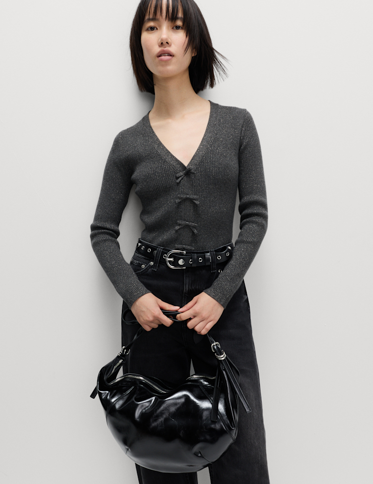 Sparkly V-Neck Bow Detail Cardigan