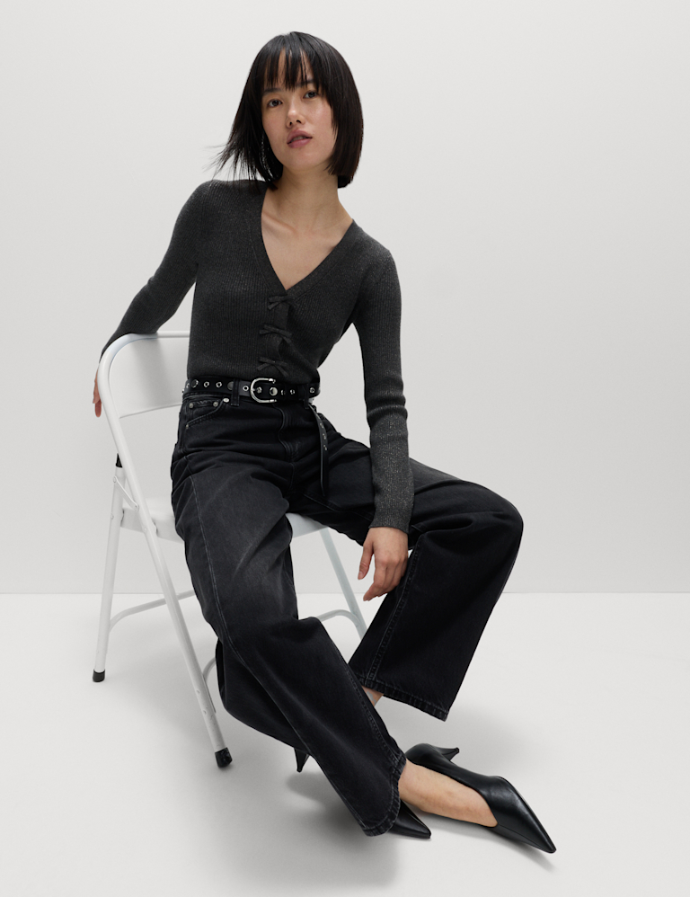 Sparkly V-Neck Bow Detail Cardigan