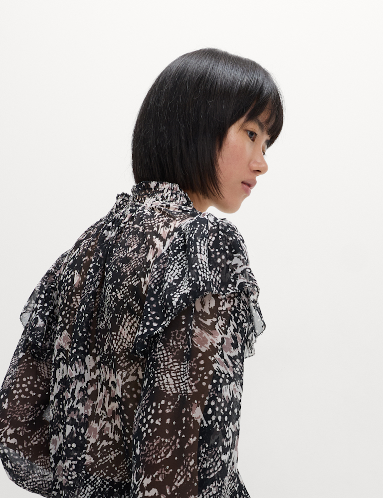 Printed Sparkly Shirred High Neck Ruffle Blouse