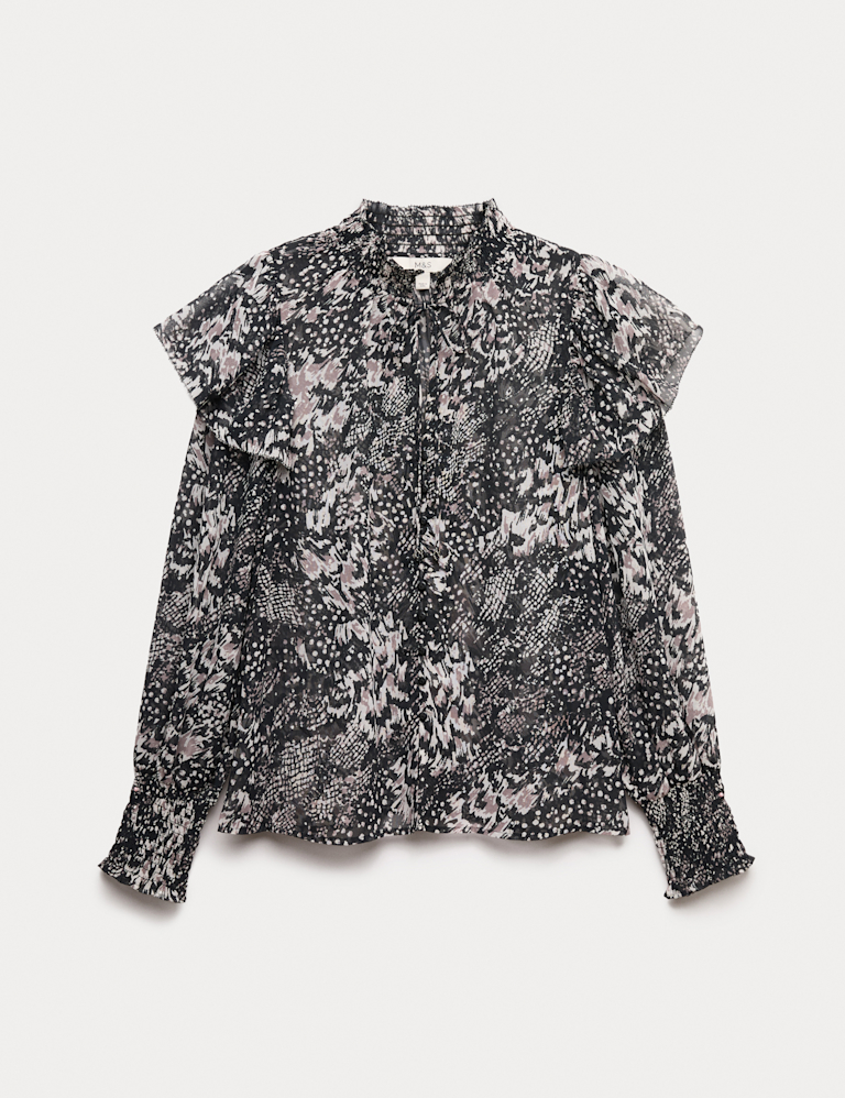 Printed Sparkly Shirred High Neck Ruffle Blouse