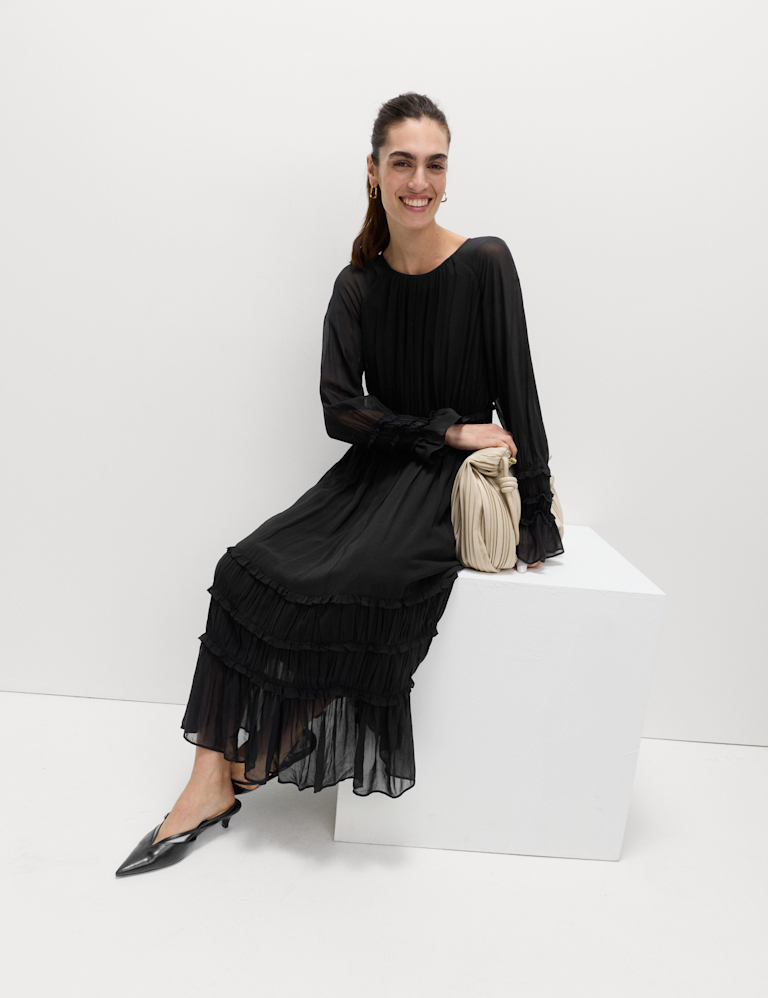 Sheer Frill Detail Midi Waisted Dress Sheer Frill Detail Midi Waisted Dress