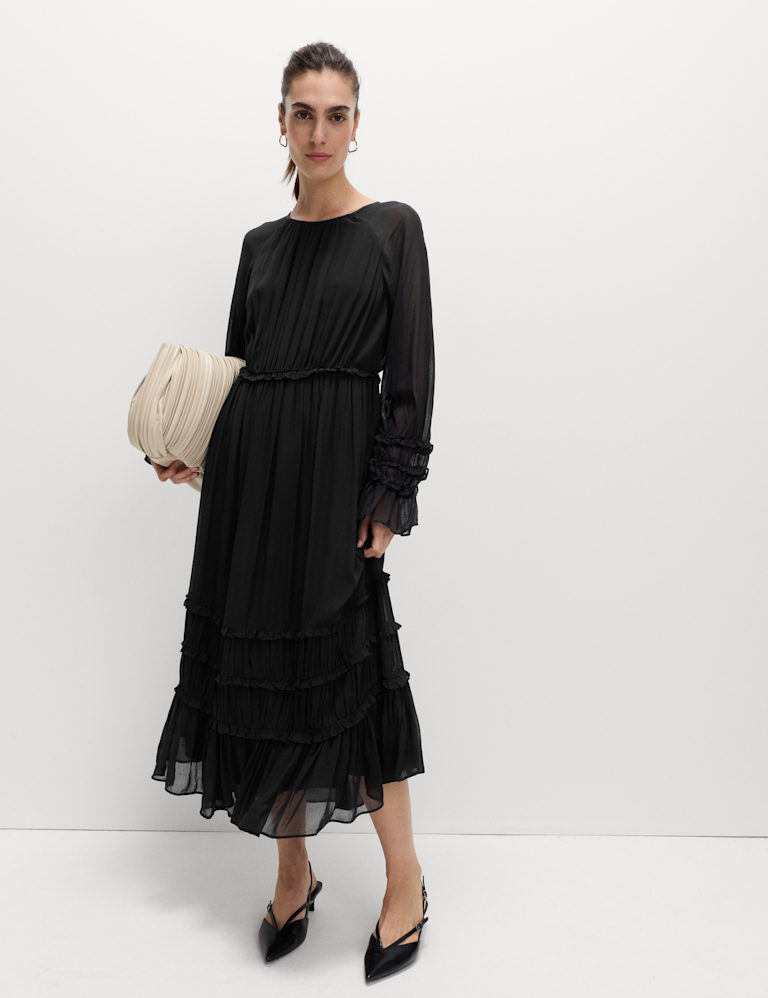 Sheer Frill Detail Midi Waisted Dress