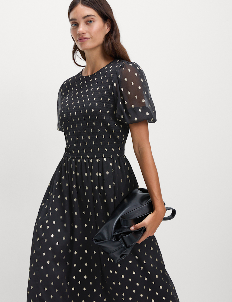 Metallic Spot Print Midi Waisted Dress Metallic Spot Print Midi Waisted Dress