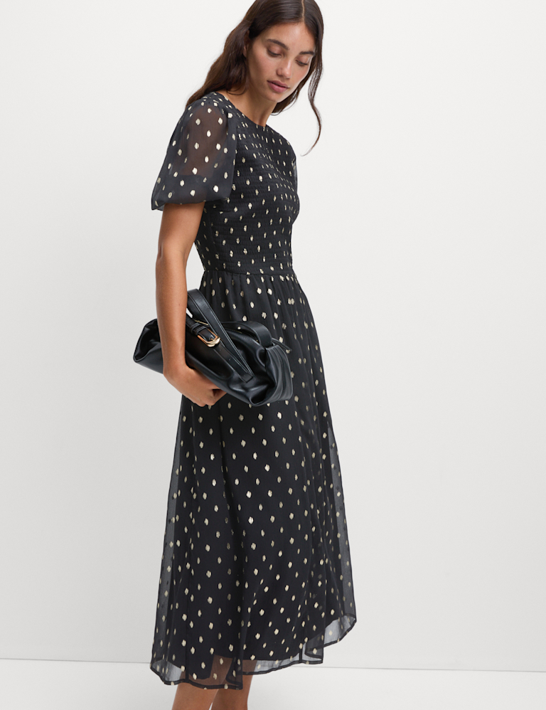 Metallic Spot Print Midi Waisted Dress