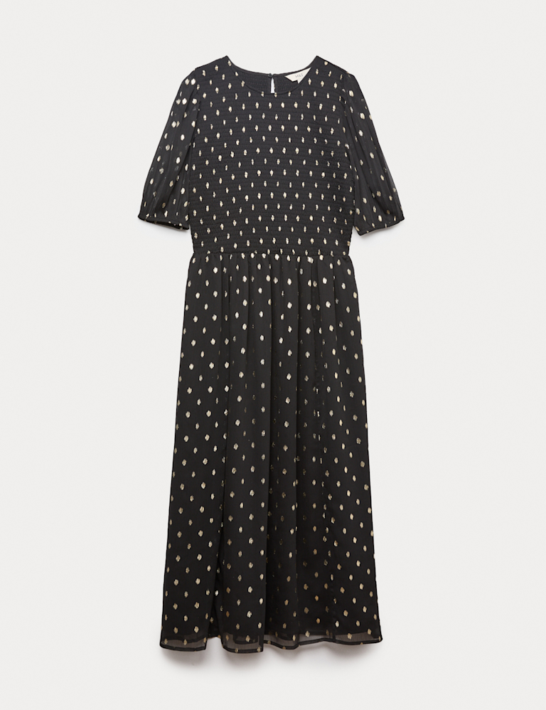 Metallic Spot Print Midi Waisted Dress
