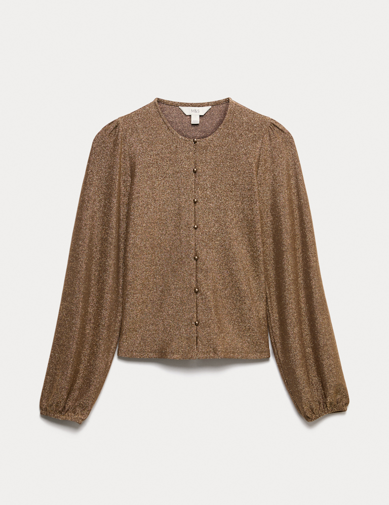 Sparkly Button Through Blouson Sleeve Top