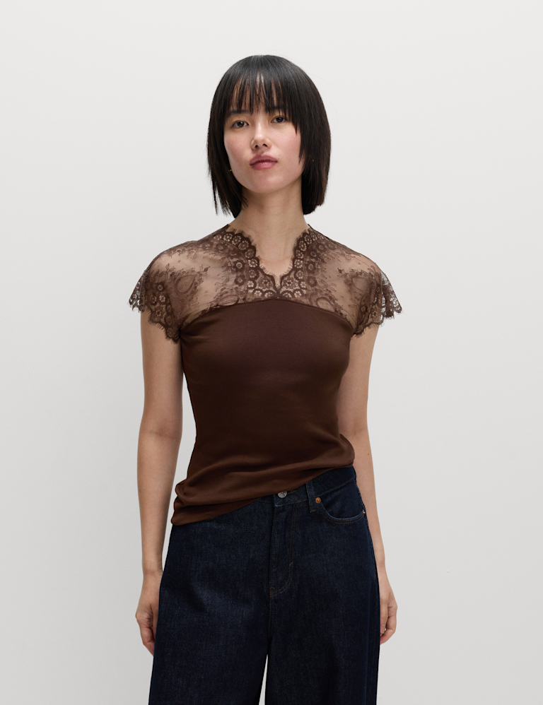 Pure Cotton Lace Insert V-Neck Top