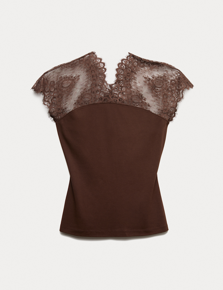 Pure Cotton Lace Insert V-Neck Top