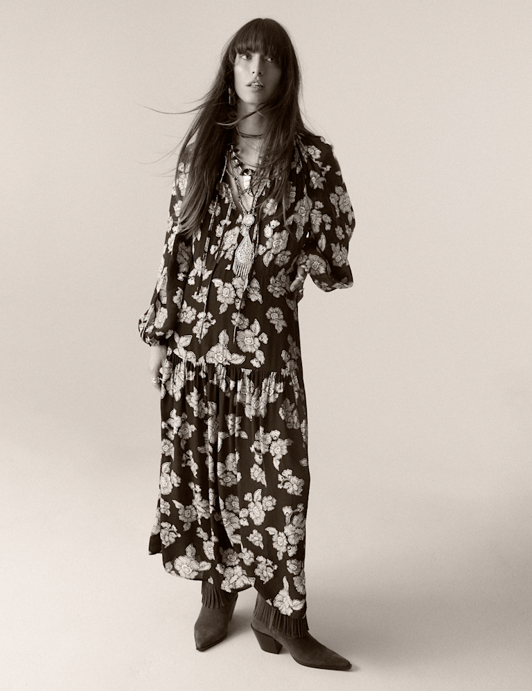 Crepe Floral Tie Neck Midaxi Waisted Dress