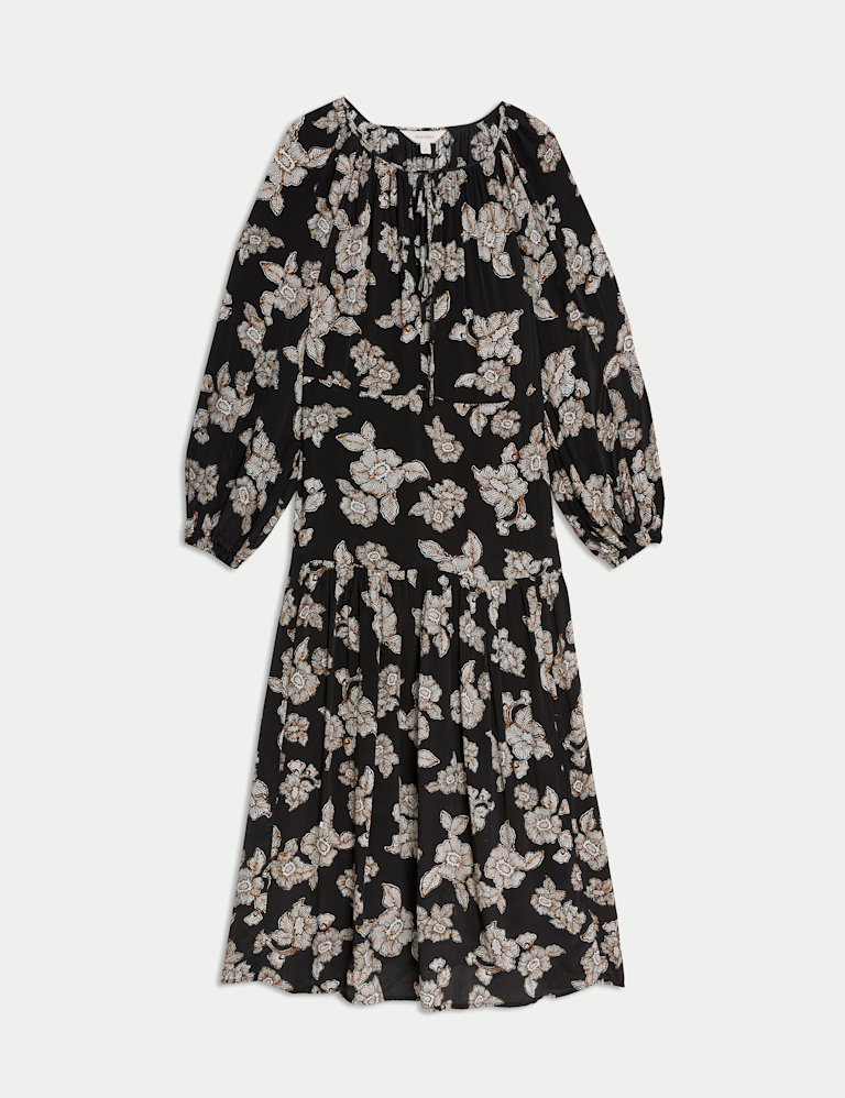 Crepe Floral Tie Neck Midaxi Waisted Dress