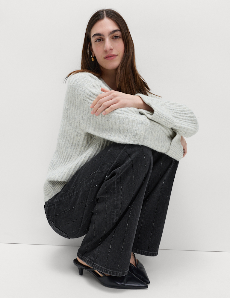 High Waisted Embellished Stripe Wide Leg Jeans