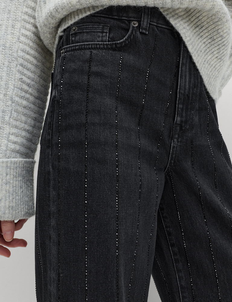 High Waisted Embellished Stripe Wide Leg Jeans