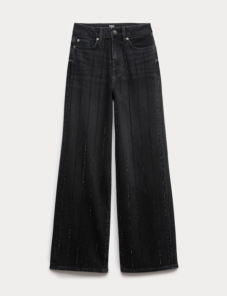 High Waisted Embellished Stripe Wide Leg Jeans