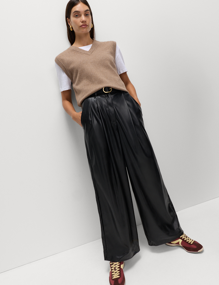 Faux Leather Double Pleat Wide Leg Trousers