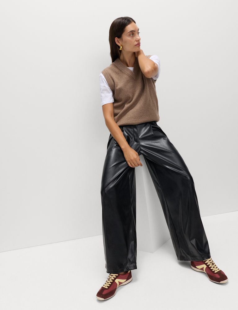 Faux Leather Double Pleat Wide Leg Trousers