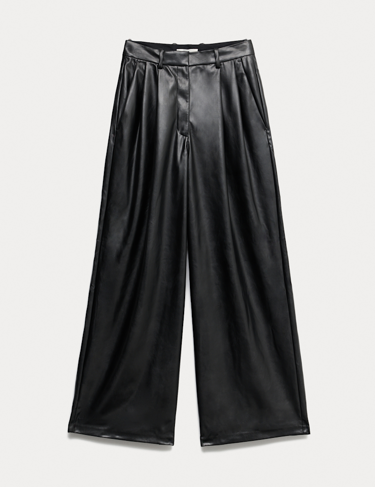 Faux Leather Double Pleat Wide Leg Trousers