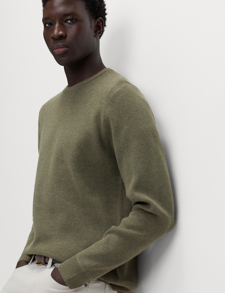 Cotton Blend Fine Ribbed Crew Neck Jumper