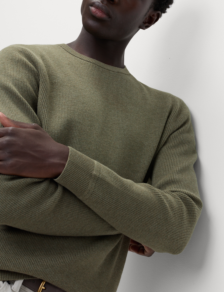 Cotton Blend Fine Ribbed Crew Neck Jumper