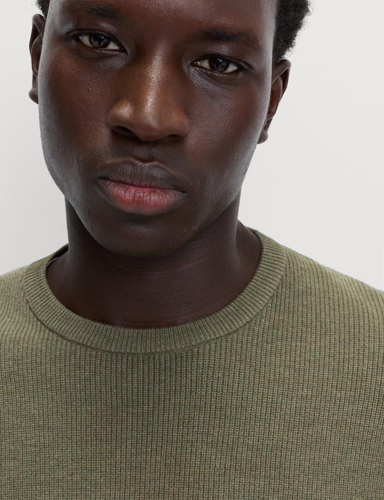 Cotton Blend Fine Ribbed Crew Neck Jumper