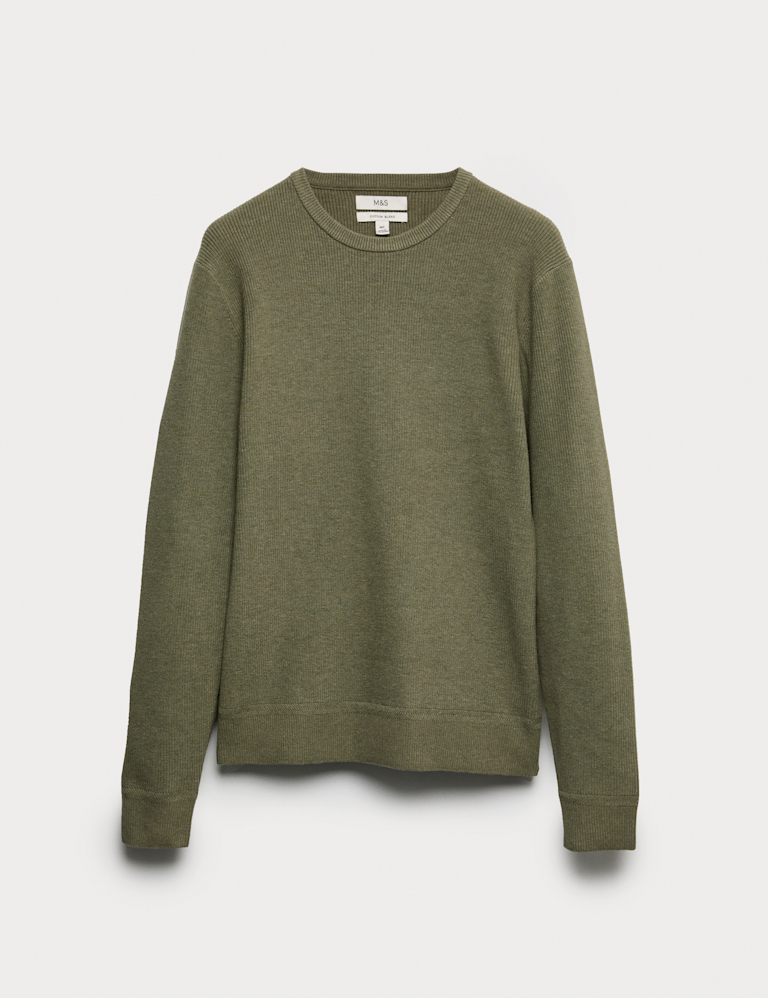 Cotton Blend Fine Ribbed Crew Neck Jumper
