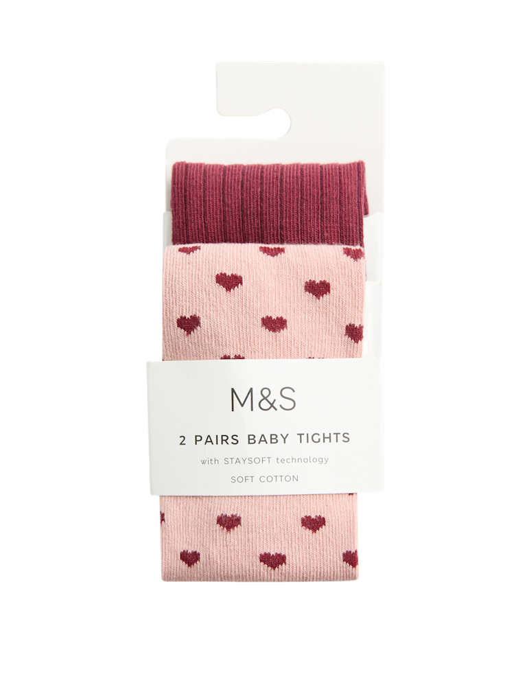 2pk Cotton Rich Pink Heart & Ribbed Tights (0-3 Yrs)