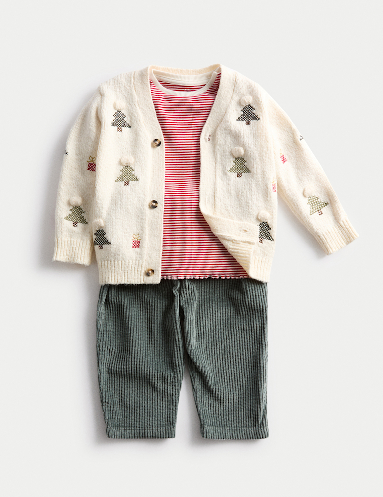 3pc Cotton Blend Christmas Cardigan Outfit (0-3 Yrs)