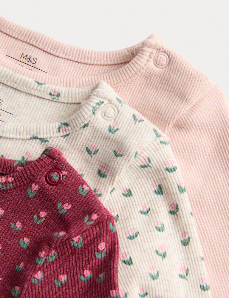 3pk Cotton Rich Floral Ribbed Long Sleeve Tops (0-6 Yrs)