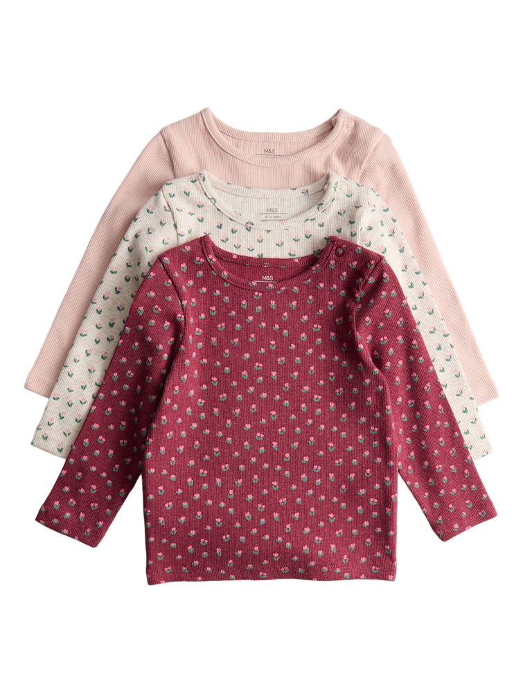 3pk Cotton Rich Floral Ribbed Long Sleeve Tops (0-6 Yrs)