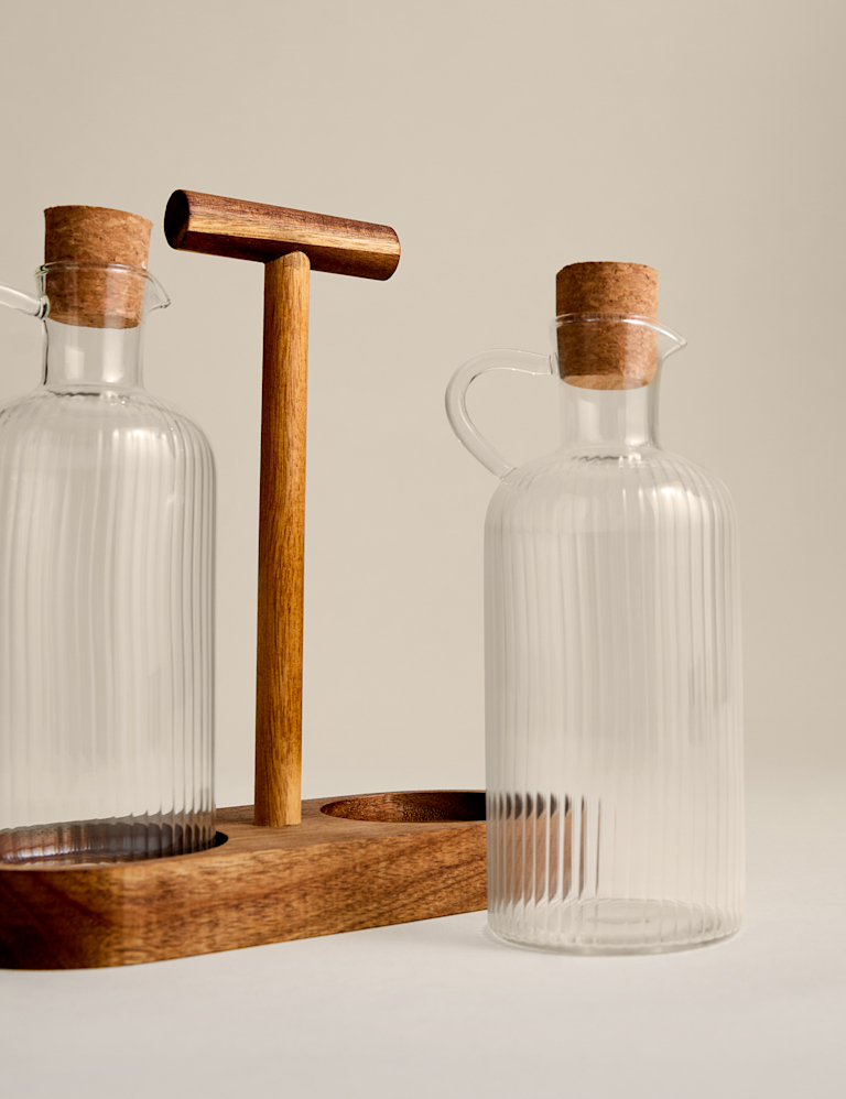 Set of 2 Glass Oil Pourers with Caddy