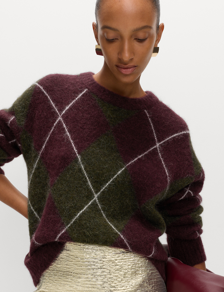 Wool Blend Argyle Crew Neck Relaxed Jumper