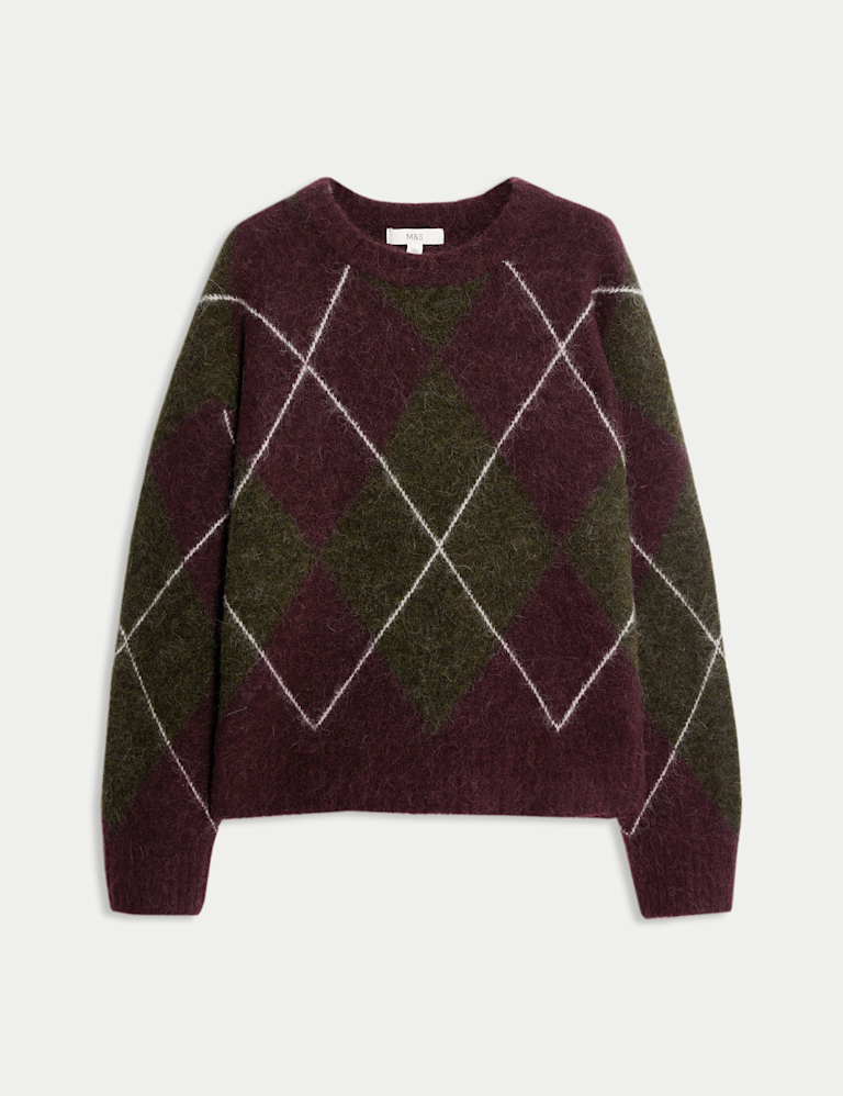 Wool Blend Argyle Crew Neck Relaxed Jumper