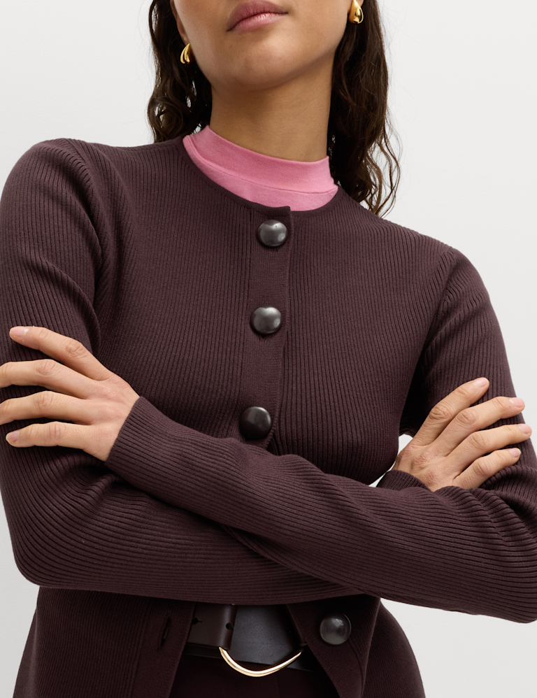 Ribbed Crew Neck Slim Fit Cardigan