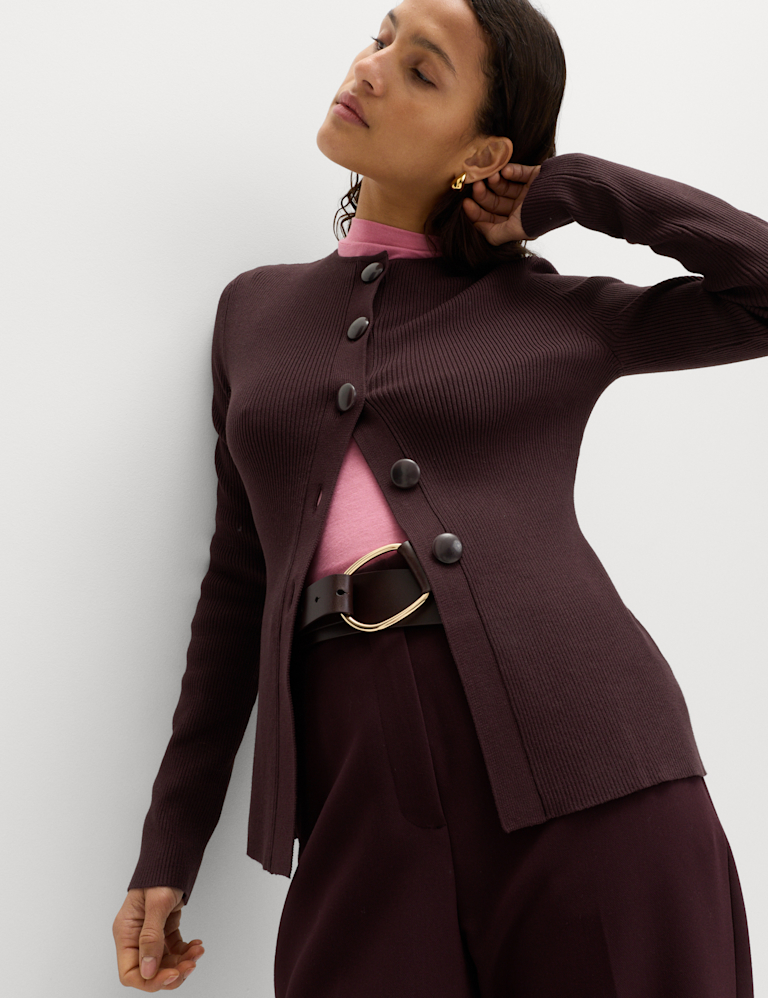 Ribbed Crew Neck Slim Fit Cardigan