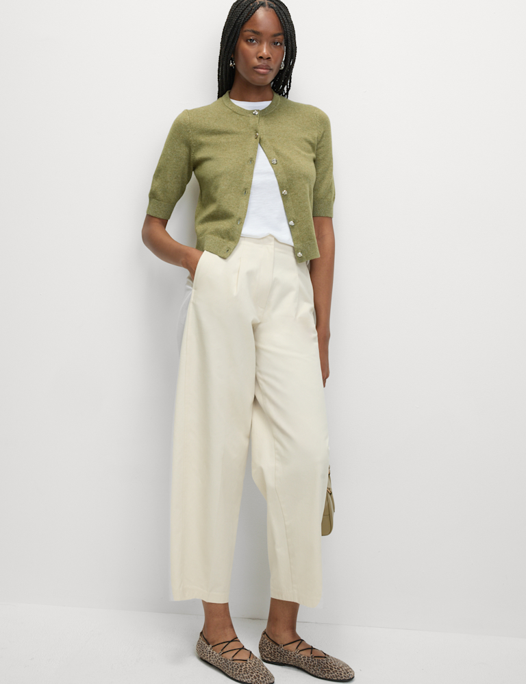 Air-Yarn Button Front Short Sleeve Cropped Cardigan