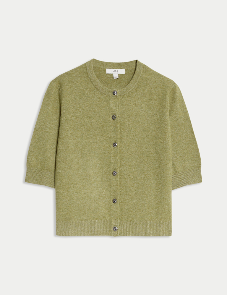 Air-Yarn Button Front Short Sleeve Cropped Cardigan