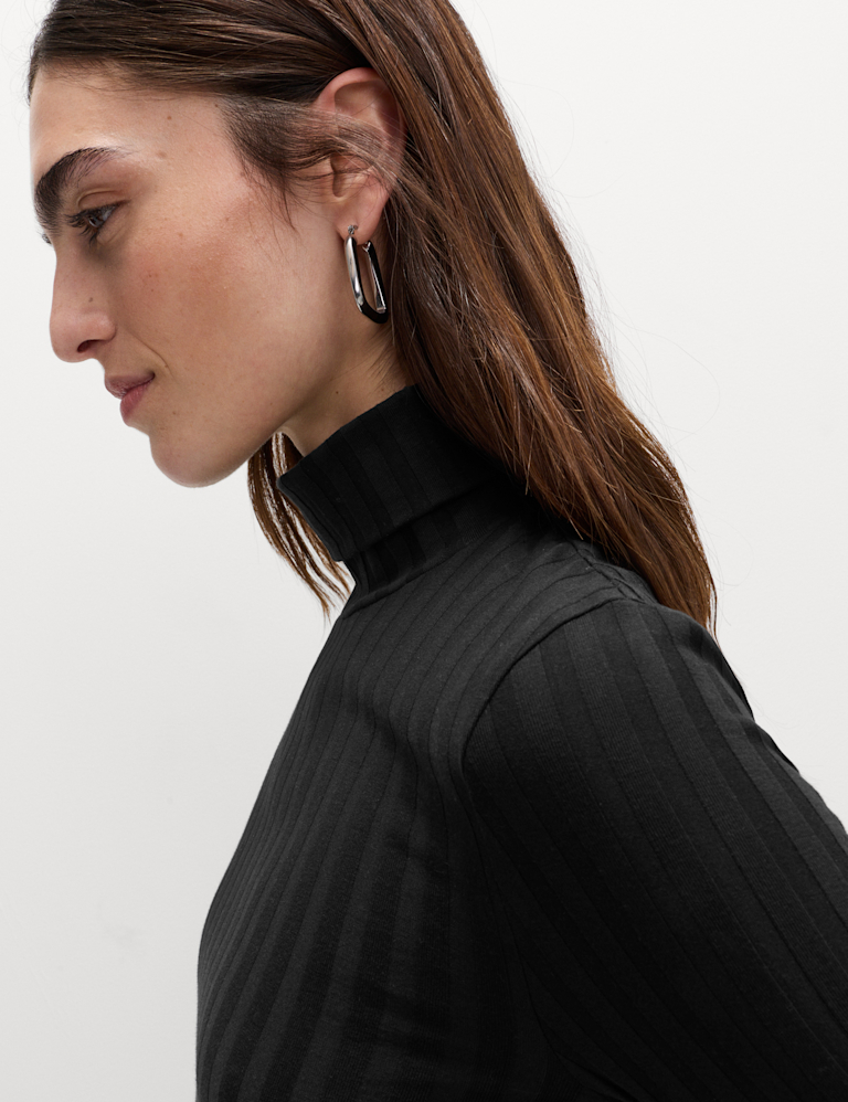 Cotton Blend Funnel Neck Long Sleeve Top