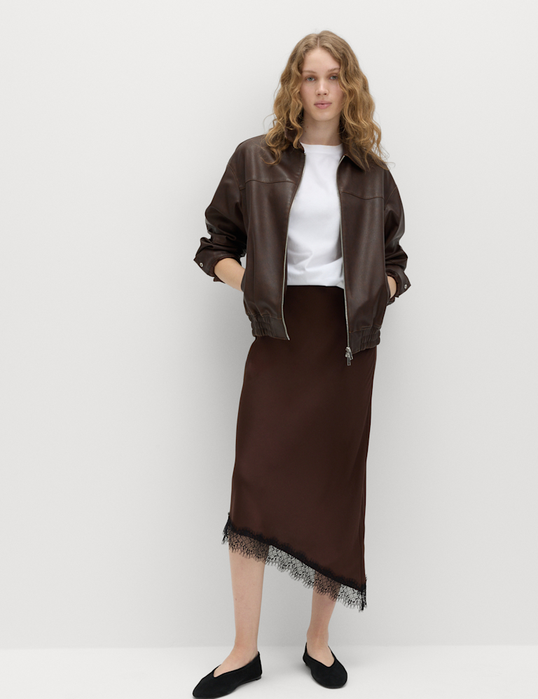 Lace Detail Asymmetric Midi Slip Skirt