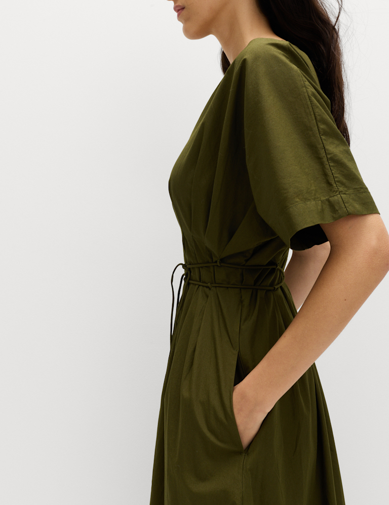 Pure Cotton V-Neck Midi Waisted Dress