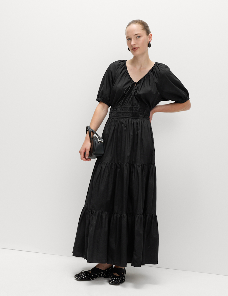 Pure Cotton Tie Neck Midaxi Waisted Dress