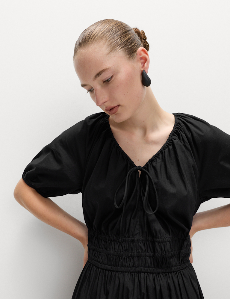 Pure Cotton Tie Neck Midaxi Waisted Dress