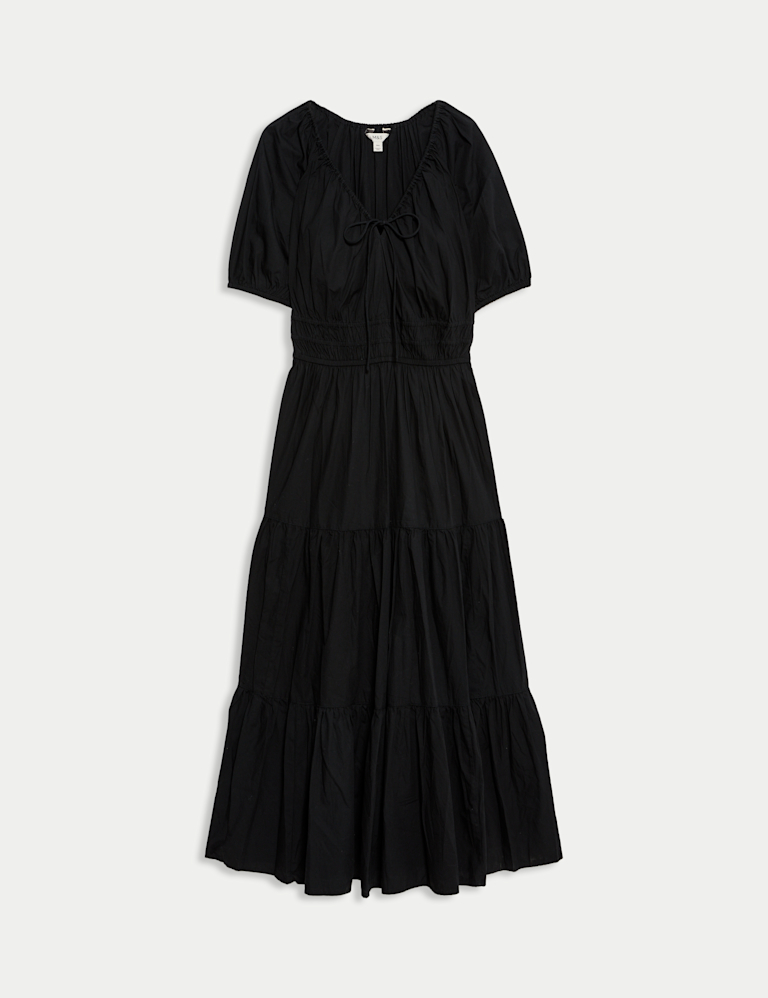 Pure Cotton Tie Neck Midaxi Waisted Dress