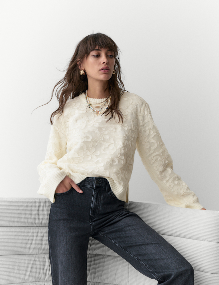 Mesh Crew Neck Lace Detail Jumper