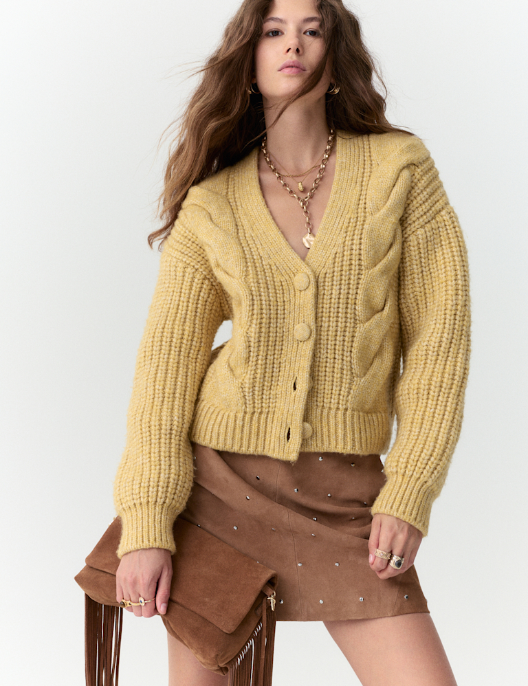 Cable Knit V-Neck Cardigan with Wool