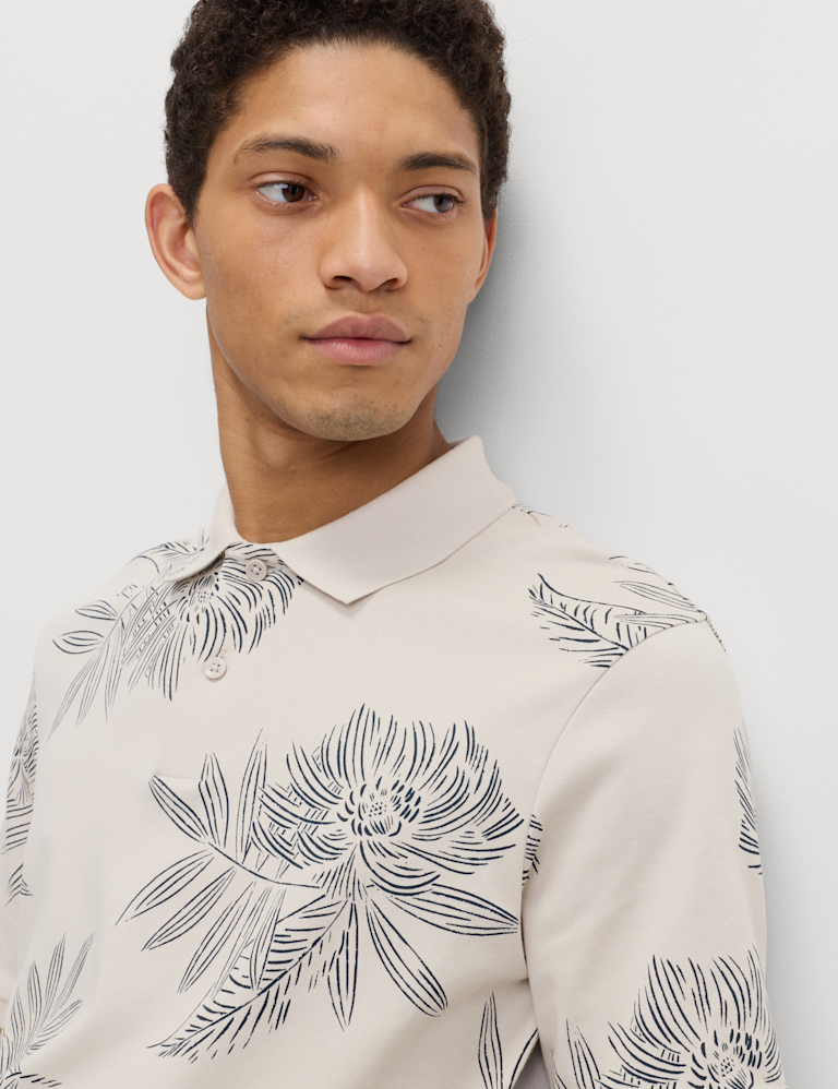 Pure Cotton Leaf Print Polo Shirt
