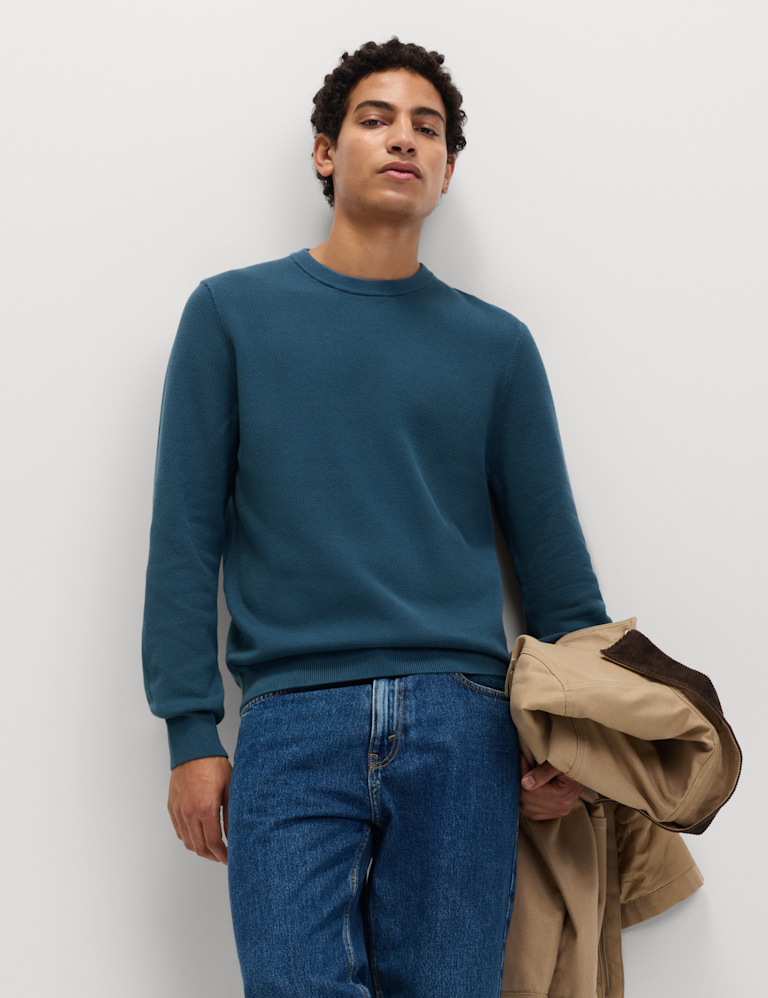 Pure Cotton Textured Crew Neck Jumper