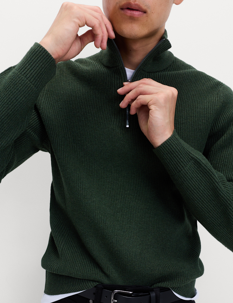 Cotton Blend Ribbed Half Zip Jumper